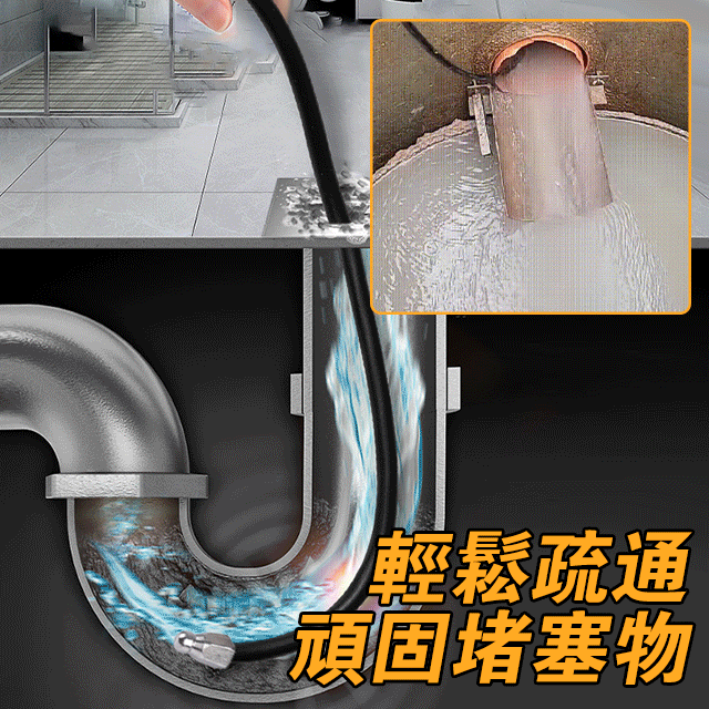 拯救各種水管堵塞！6+1水管頭，安裝在高壓水管上，旋轉前進，穿過堵塞物並將其排除，一邊清潔一邊排通，一舉兩得！順暢不堵塞，輕鬆搞定任何堵塞