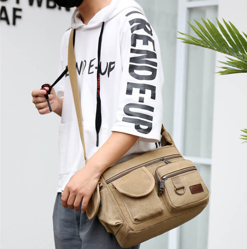 【男士出行必備】新款帆布男士單肩包 超大容量 多層斜挎 實用又高端